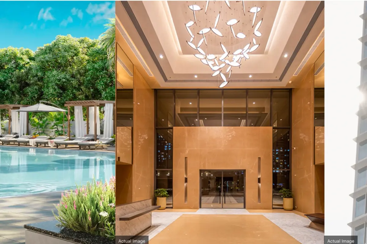 Lifestyle teaser visuals for Narang Bangur Nagar with pool, lobby and premium facade imagery
