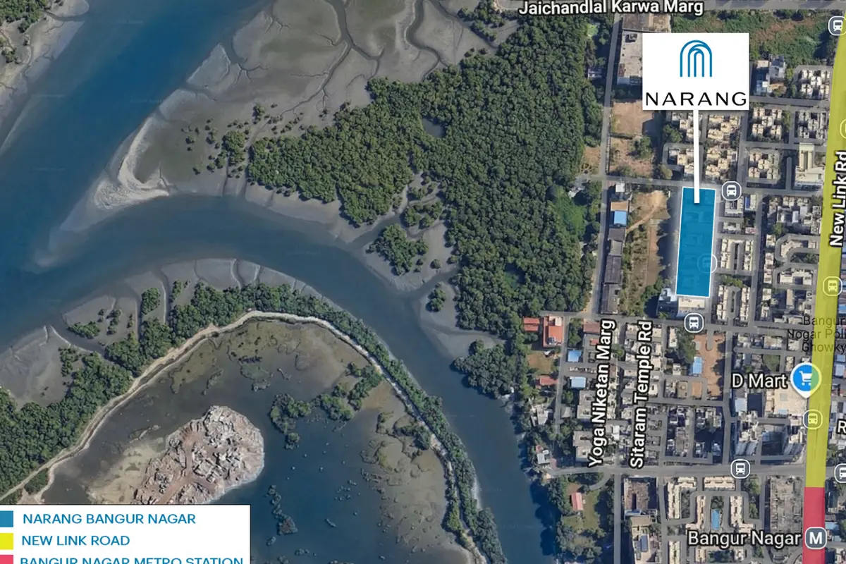 Location map style visual showing Narang Bangur Nagar at Bangur Nagar Goregaon West near New Link Road